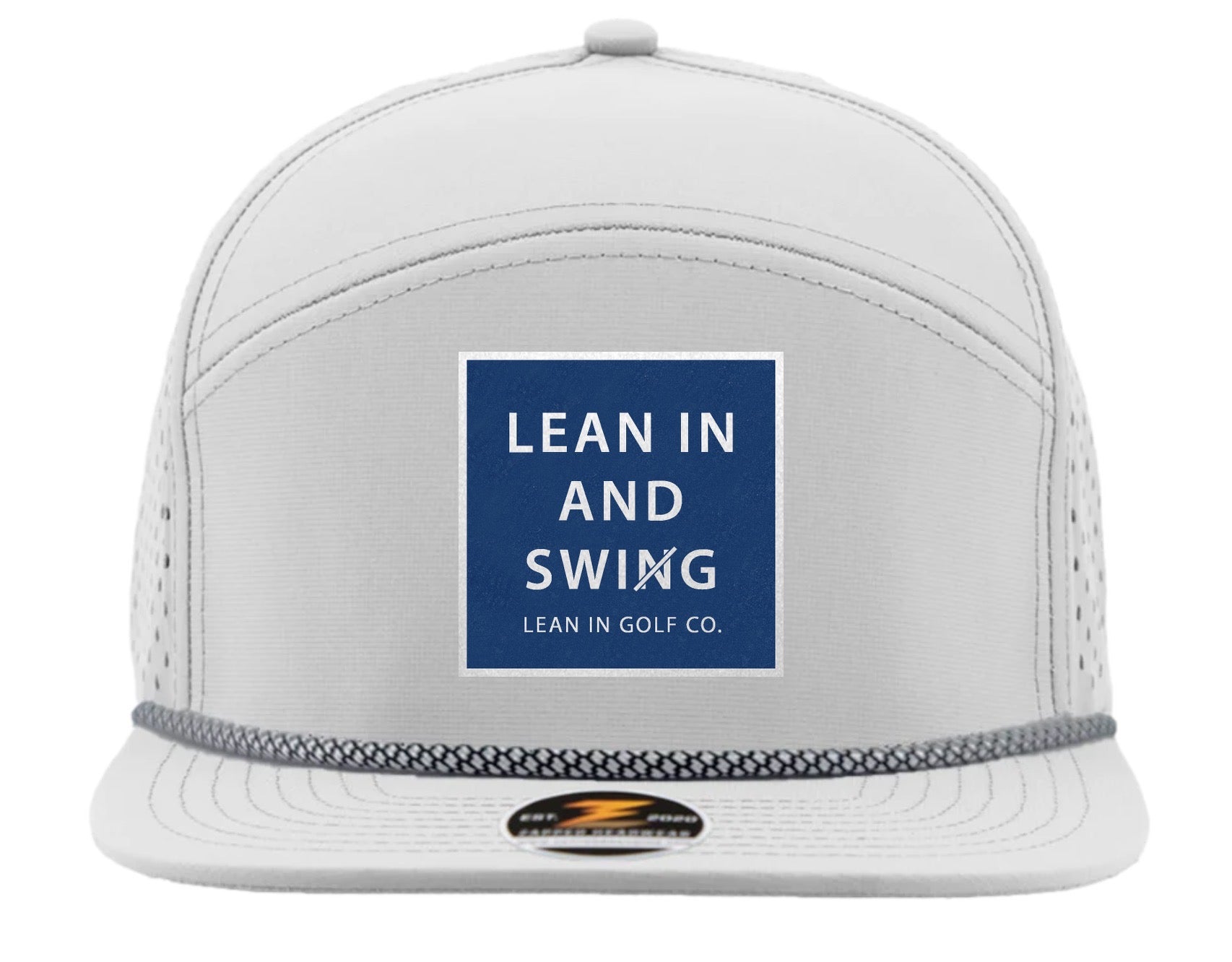 Lean in and Swig 7-panel White/Blue Moisture Wicking Rope Performance hat