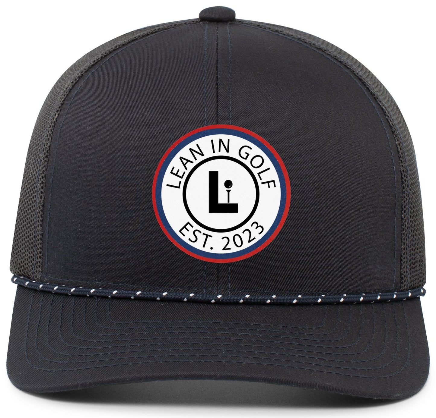 Lean In Circle Logo Navy Rope Trucker hat with Red Circle